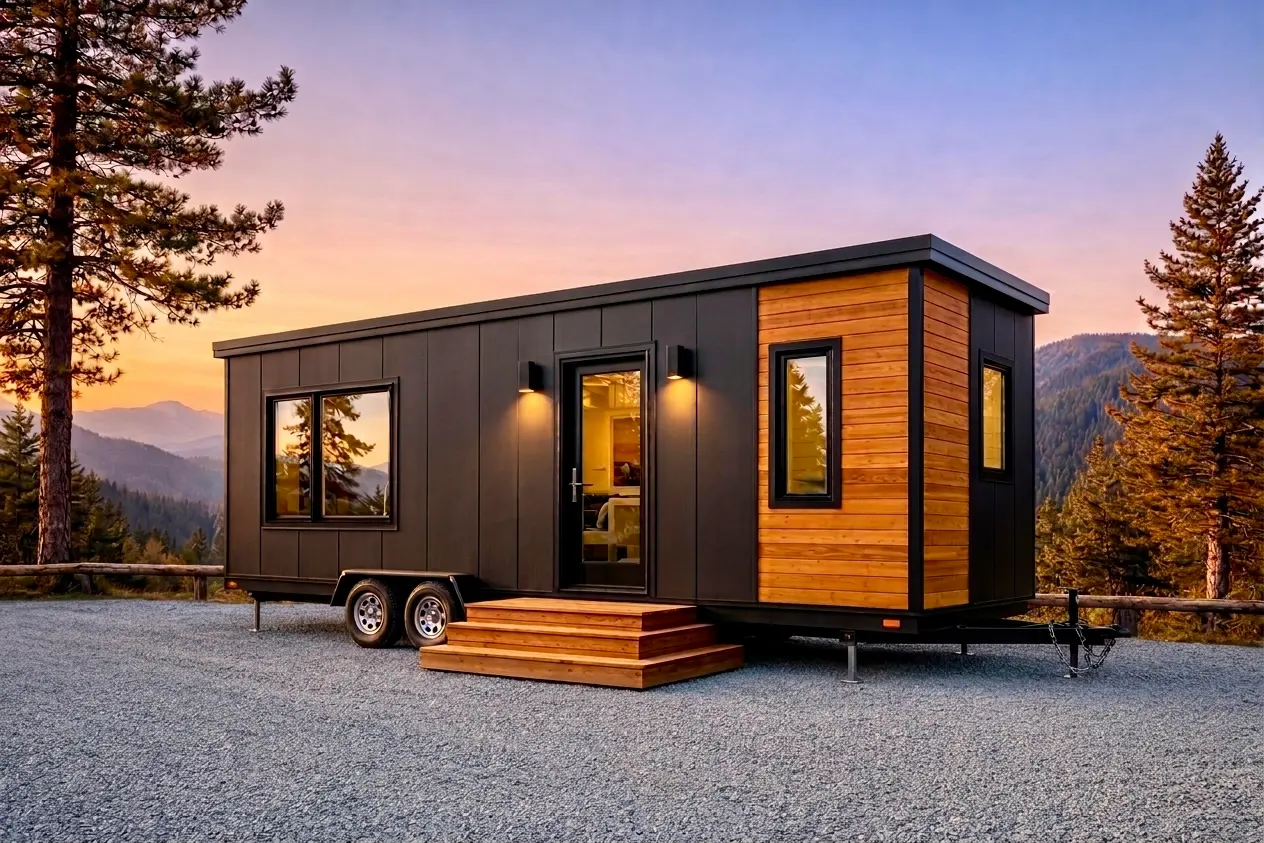 Modern tiny home on wheels with dark cedar exterior in Pacific Northwest forest setting