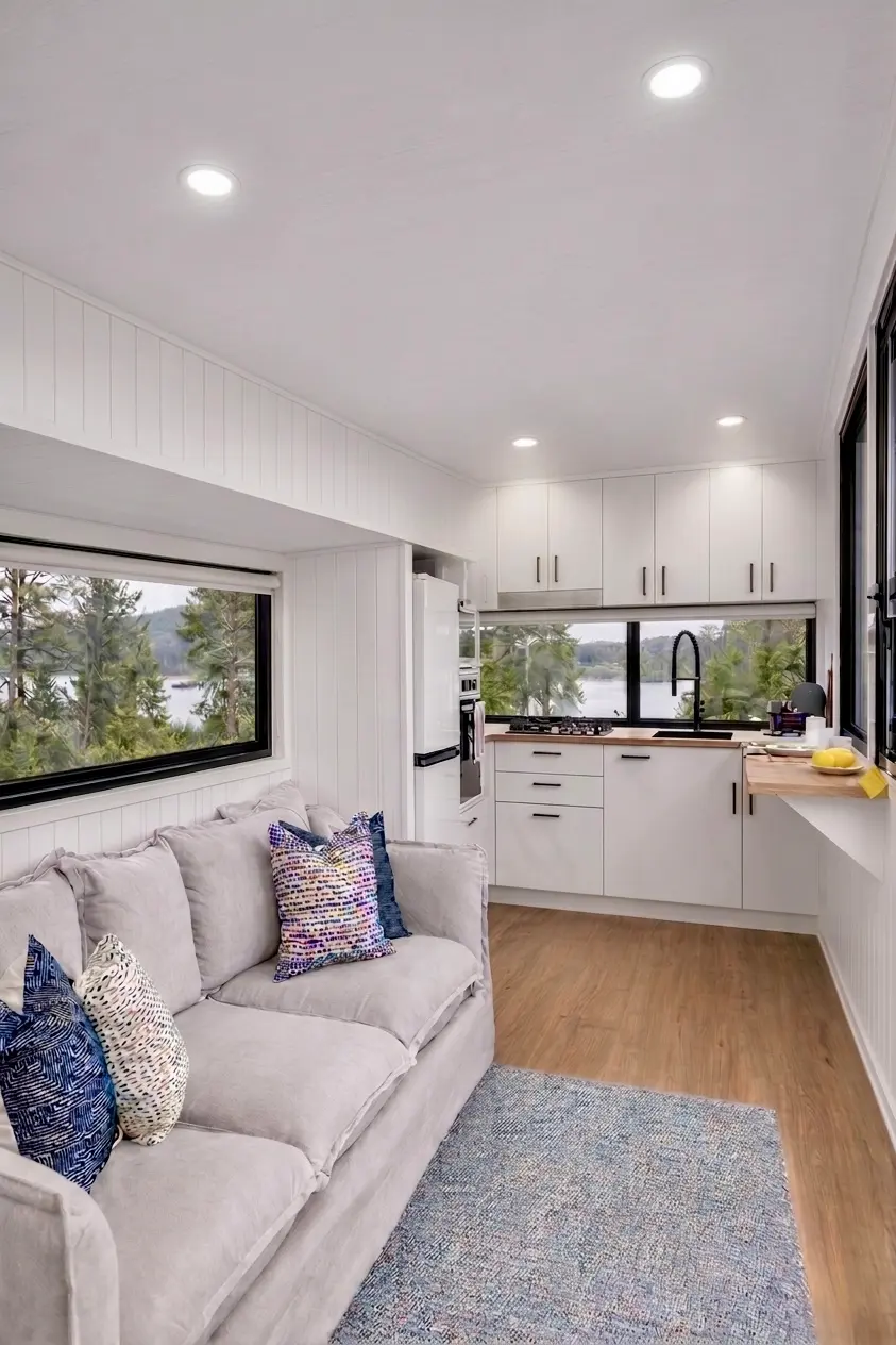 Bright tiny home interior with white oak floors and large picture window